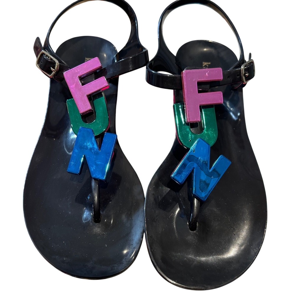Kate Spade Fennix Black Jelly Sandals FUN Letter Charms Womens 6 M S030017